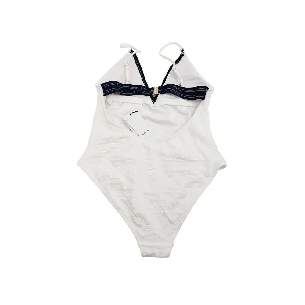 REISS Effie Tipped V-Neck Swimsuit Size 6 NEW White Navy Blue Bathing Suit Swim